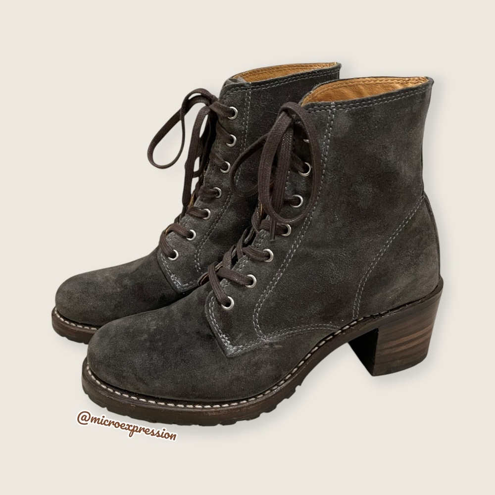 RARE Frye Sabrina 6G Olive Green-Grey Suede Lace Up Combat Block Heel Ankle Boot - Picture 11 of 15